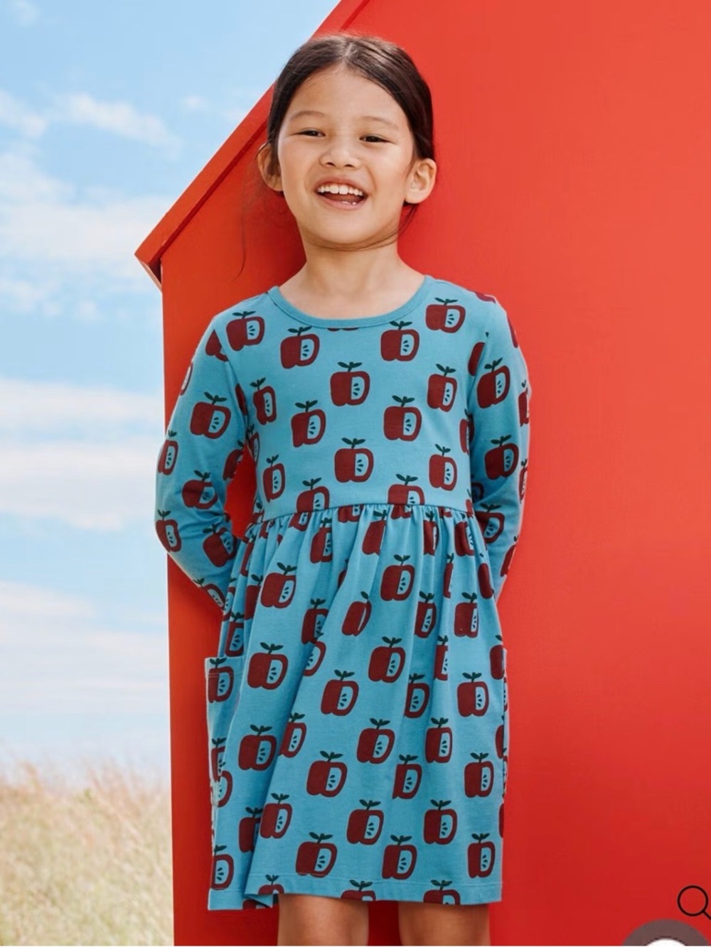 Hanna Andersson Teal Apple Print Long-Sleeve Girls Dress